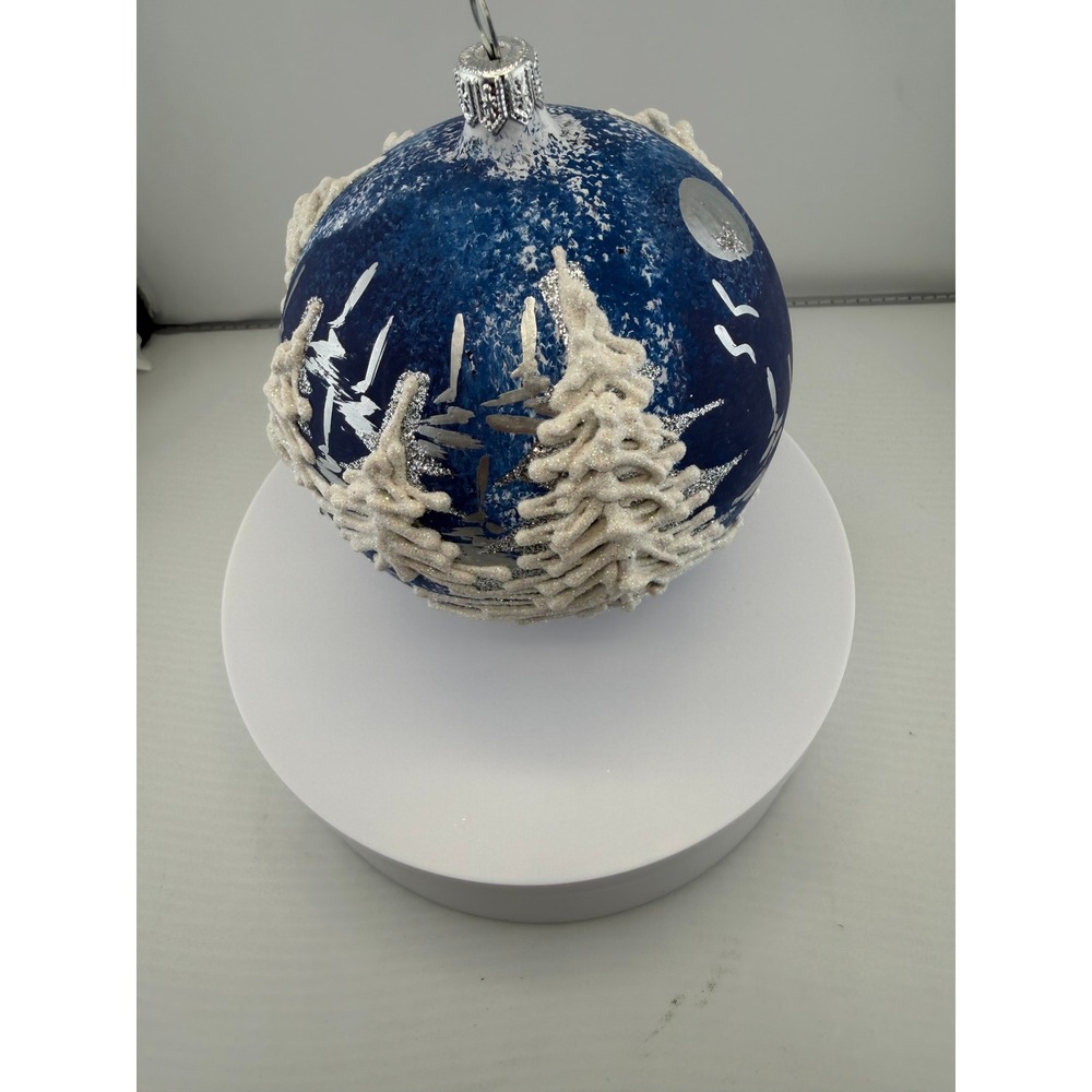 Blue Glass Christmas Ornament Winter Forest Snow Evergreen Trees Glitter 3D Ball
